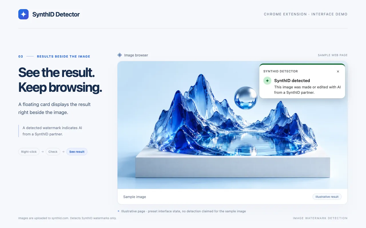 Illustrative SynthID Detector result card displayed beside a sample blue glass landscape image.